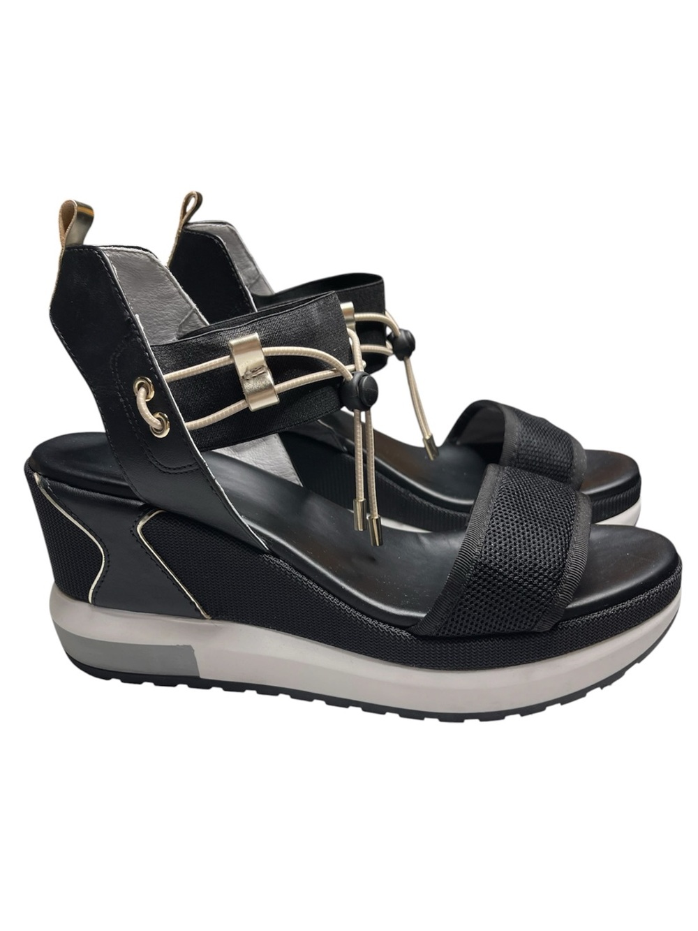 NecroGiardini Black Wedge Sandals with Elastic Ankle Strap and Metallic Accents - Picture 2 of 6